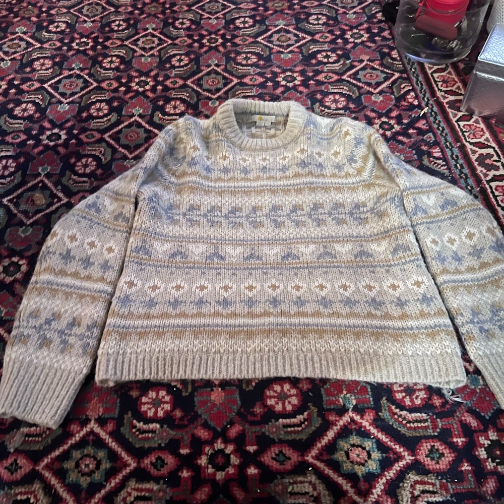 Boden Cream and Light Blue Fair Isle Crewneck Sweater